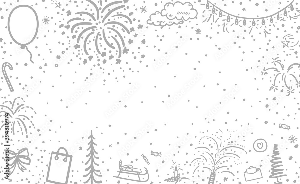 Festive background. Hand drawn christmas elements. Abstract holiday signs and objects. Freehand art. Black and white illustration