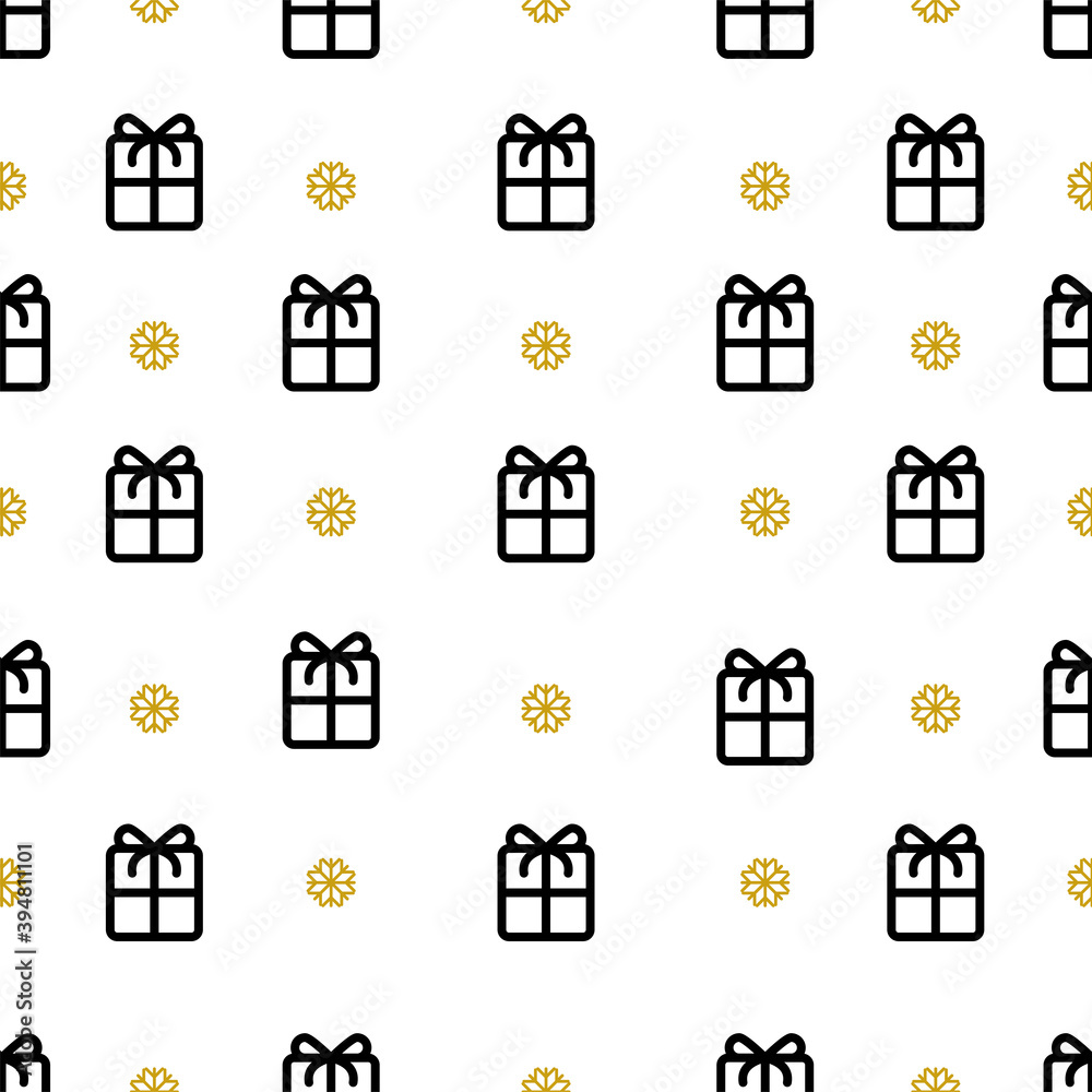 New year seamless pattern in thin line style Gifts boxes and golden snowflakes on white background