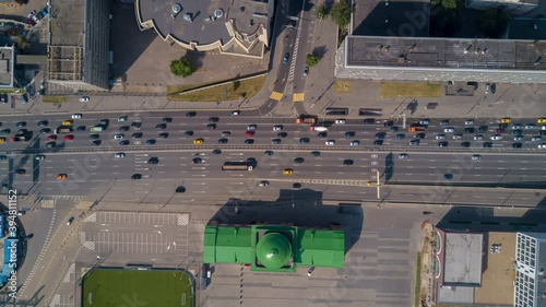 moscow sunny day traffic street crossroad aerial down panorama 4k hyper timelapse russia  photo