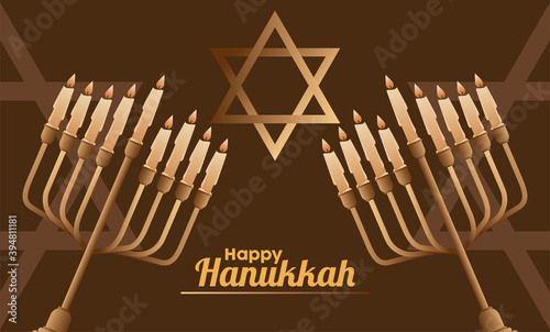 happy hanukkah celebration with candelabrums and jewish star