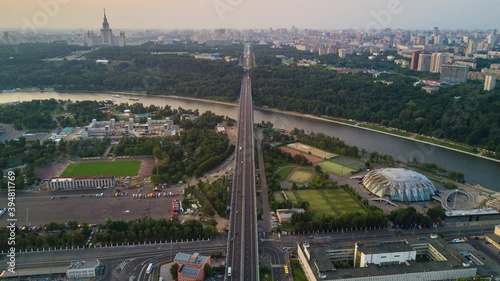 sunset evening moscow cityscape stadiumriver traffic bridge university aerial panorama 4k timelapse russia