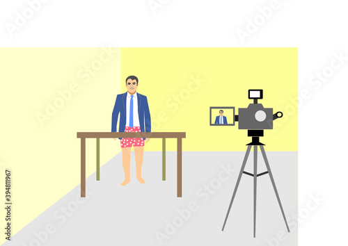 A man wearing a suit and shorts. home working concept