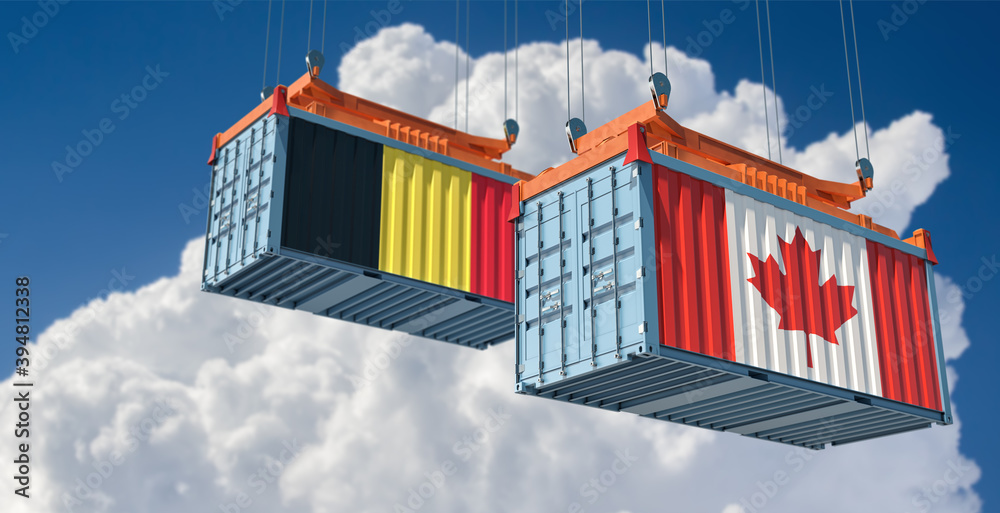 Freight containers with Canada and Belgium national flags. 3D Rendering 