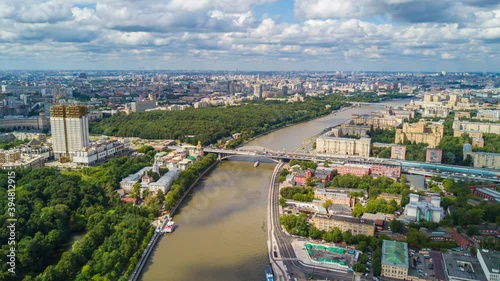 sunny summer day moscow city river luzhniki complex construction aerial timelapse panorama 4k russia