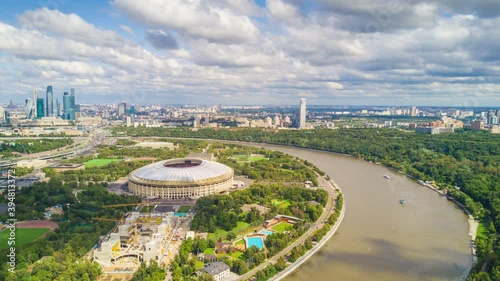 sunny summer day moscow city river luzhniki complex construction aerial timelapse panorama 4k russia