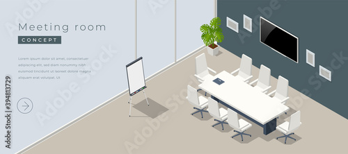 Isometric modern meeting room interior with empty poster on concrete wall, equipment.