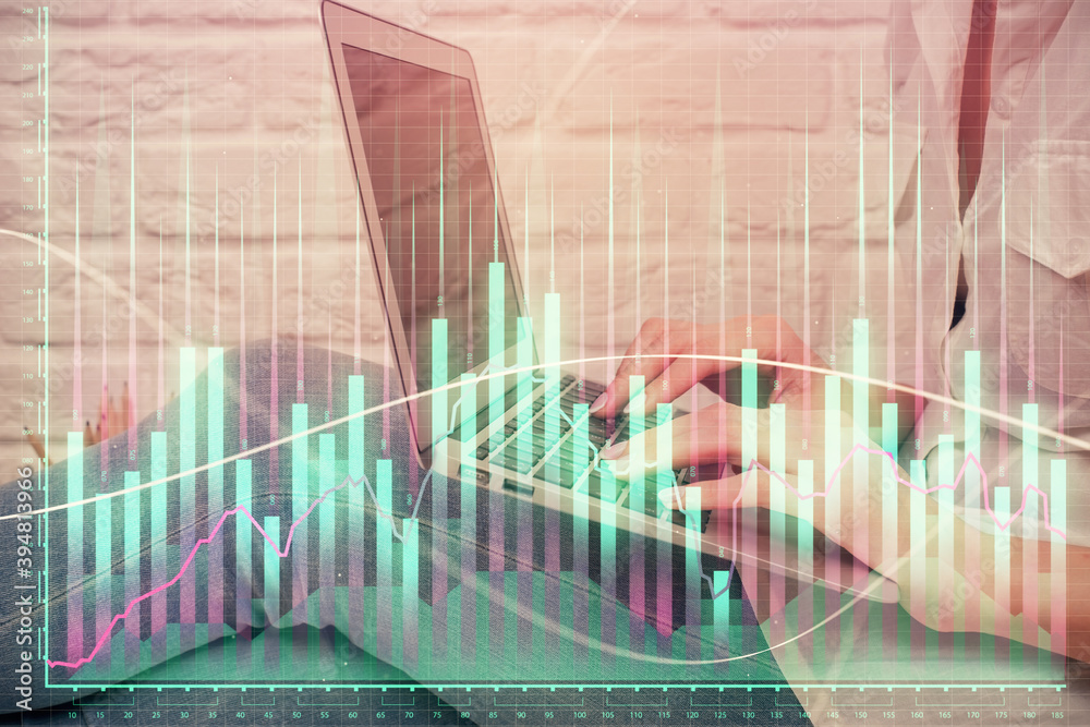 Multi exposure of woman hands typing on computer and forex chart hologram drawing. Stock market analysis concept. Multi exposure of woman hands typing on computer and forex chart hologram drawing. Stock market analysis concept.
