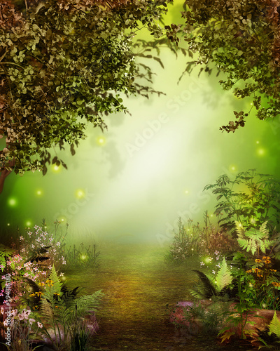 Stampa su tela Magical enchanting forest opening with a heavenly light