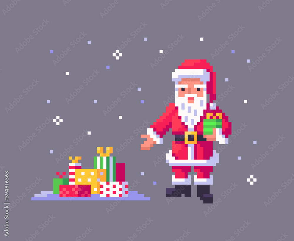 Pixel art Santa Claus gives many gifts. Pixel art Santa Claus gives many gifts.