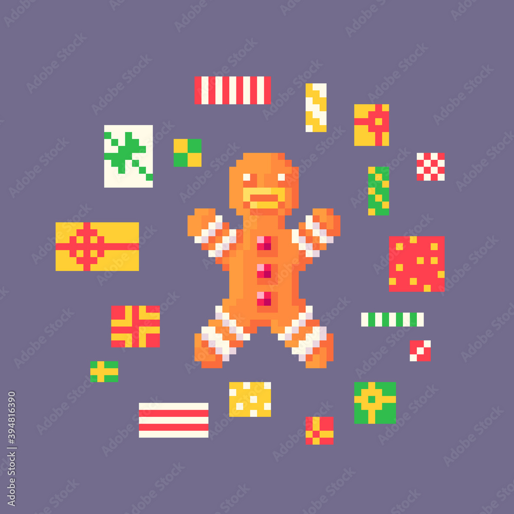 Pixel art gingerbread man lies in a heap of gifts.