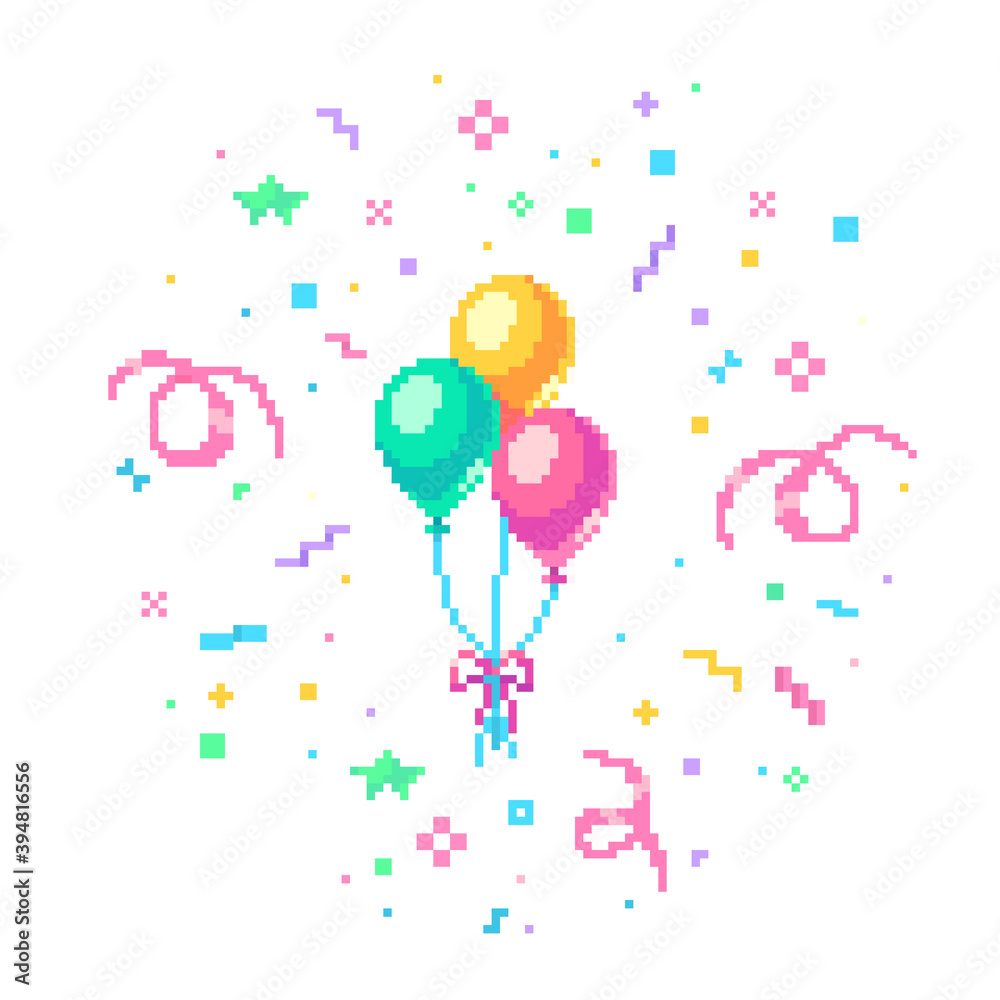 Pixel art balloons with confetti burst. Stock Vector Adobe Stock