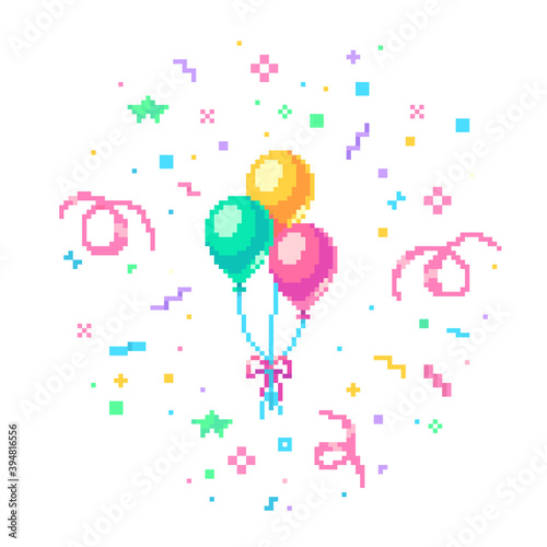 Pixel art balloons with confetti burst.