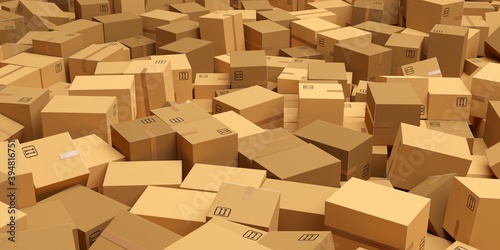 Frame filling stack or heap of brown carton cardboard boxes background, freight, delivery or shipping concept