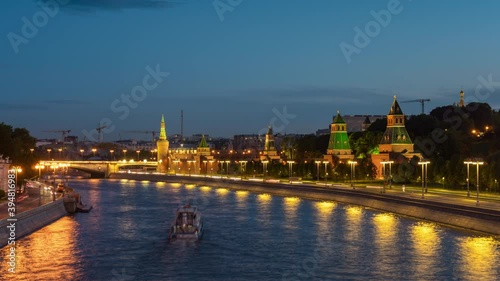 sunset twilight moscow city river famous traffic kremlin bridge panorama 4k timelapse russia