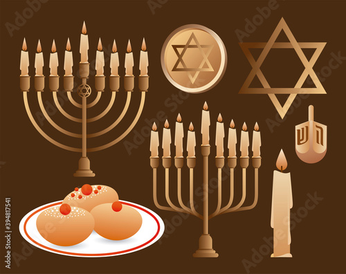 happy hanukkah celebration with candelabrums and set icons