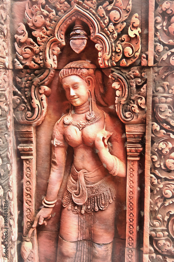 Banteay Srei temple reliefs colorful painting looks like picture, Angkor, Cambodia.
