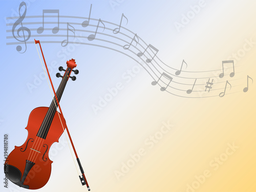 Violin on a musical background with copy space, 3d vector illustration