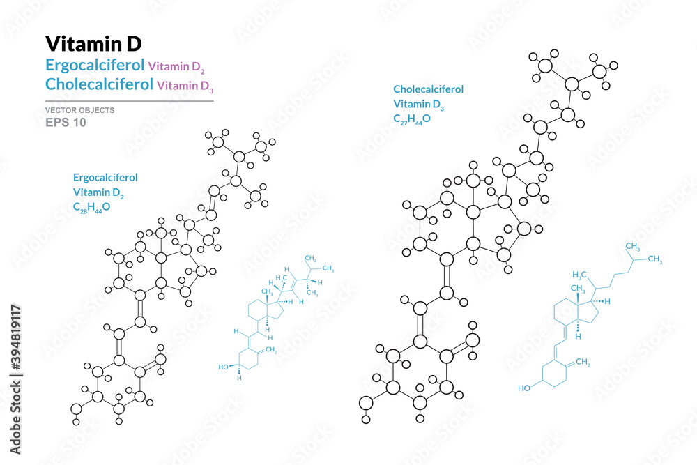 Vitamin D2, D3. Ergocalciferol and Cholecalciferol. Structural Chemical