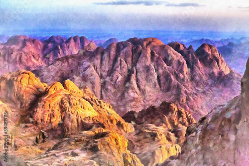 Scenery mountain landscape aquarelle painting looks like a picture, Mount Sinai, Egypt.