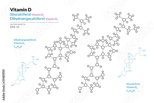 Vitamin D4, D5. Dihydroergocalciferol and Sitocalciferol. Structural Chemical Formula and Line Model of Molecule. Vector Illustration