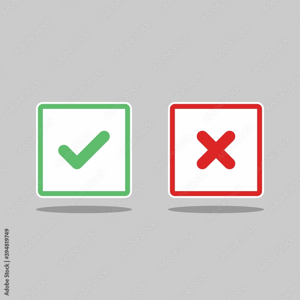 Check and wrong marks, Tick and cross marks, Accepted/Rejected, Approved/Disapproved, Yes/No, Right/Wrong, Green/Red, Correct/False, Ok/Not Ok - vector mark symbols in green and red. Isolated icon. Check and wrong marks, Tick and cross marks, Accepted/Rejected, Approved/Disapproved, Yes/No, Right/Wrong, Green/Red, Correct/False, Ok/Not Ok - vector mark symbols in green and red. Isolated icon.