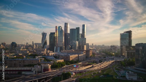 sunset sun light modern moscow city block traffic road ring aerial panorama 4k timelapse russia