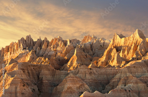 The Jagged Eroded Peaks in Badlands National Park at Sunset © sdbower