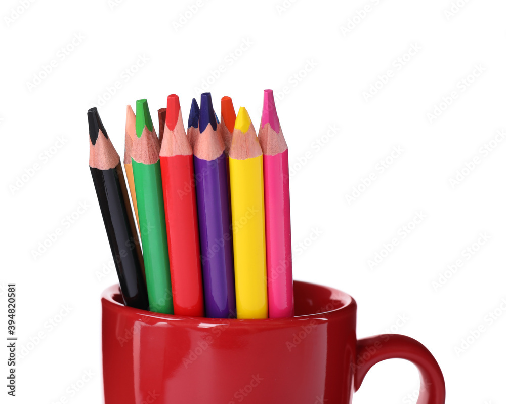 Many colorful pencils in cup isolated on white Many colorful pencils in cup isolated on white