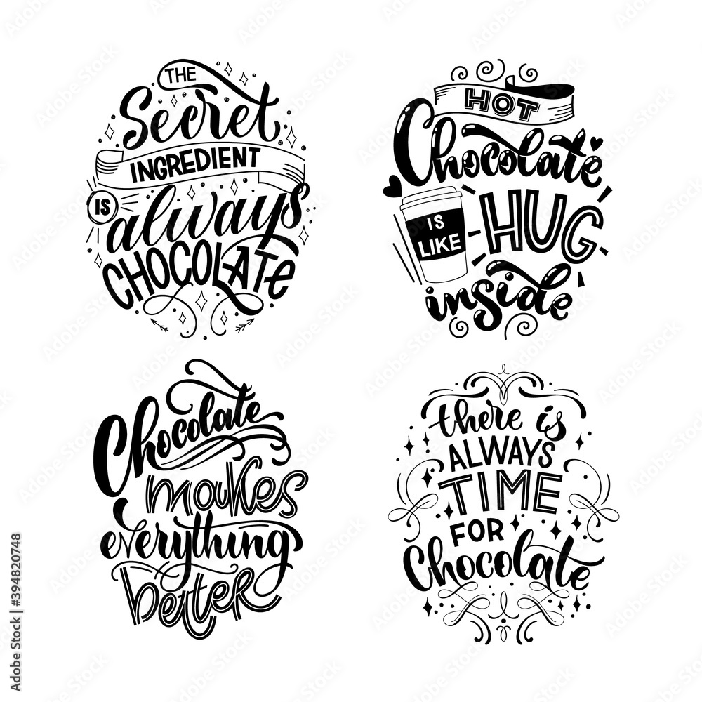 Chocolate hand lettering quotes set. Warm Christmas winter word composition. Vector design elements for t-shirts, bag, poster, card, stickers and menu