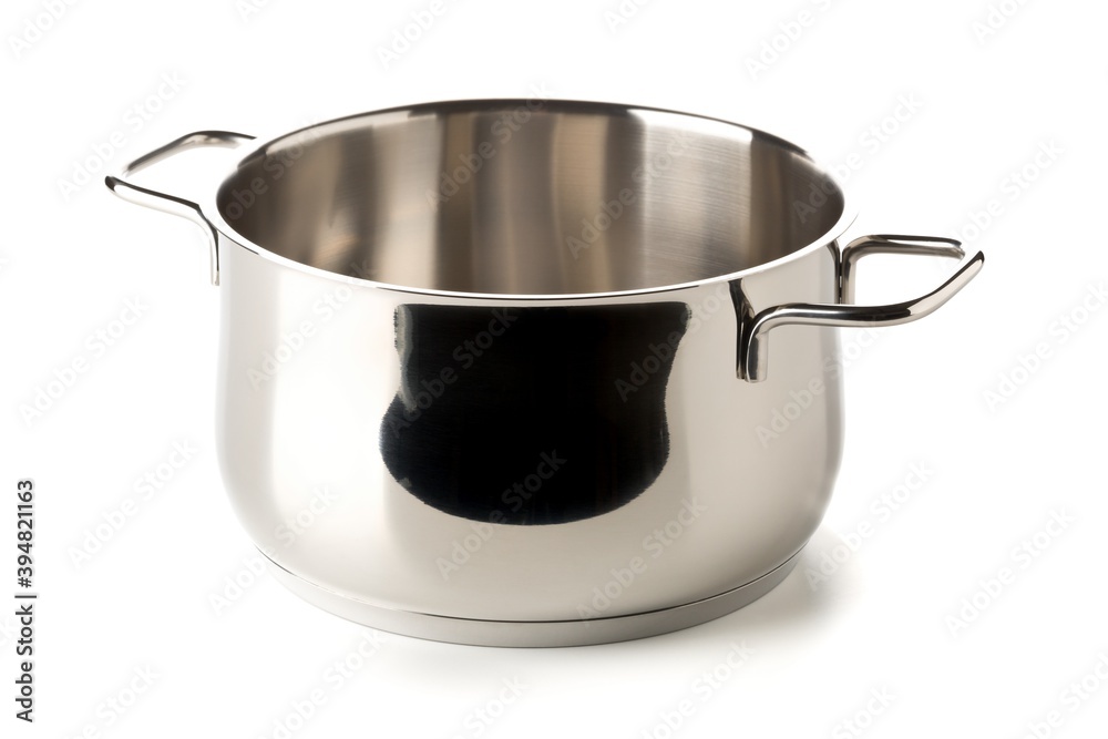 Open, empty stainless steel cooking pot over white background, cooking or kitchen utensil Open, empty stainless steel cooking pot over white background, cooking or kitchen utensil