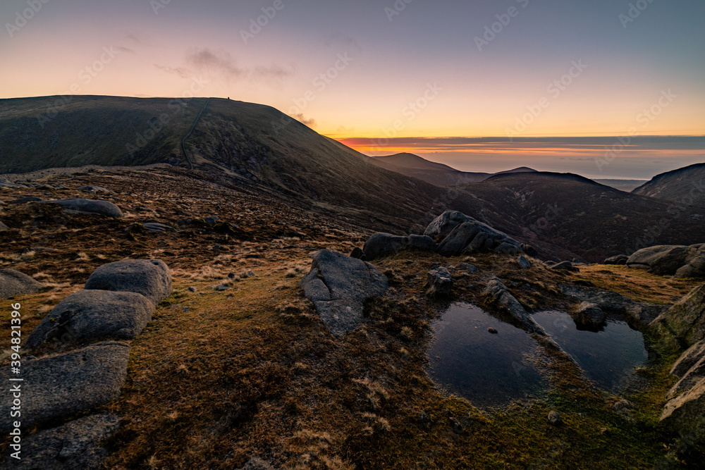 Mountains of Mourne sunrise from Slieve Corragh, early Autumn frosty morning, County Down, Northern Ireland