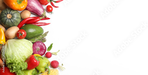 Flat lay composition with fresh vegetables on white background. Space for text