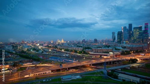 night illuminated moscow city traffic road ring train station rooftop panorama 4k timelapse russia