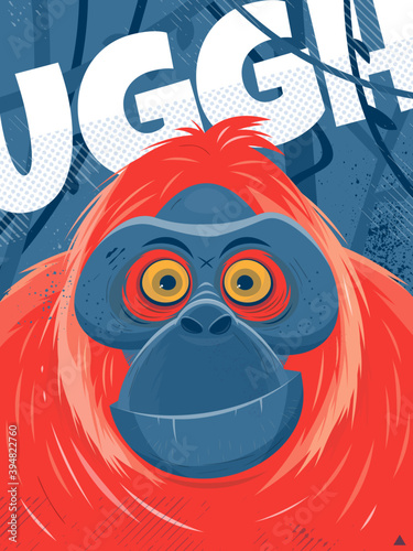 cartoon poster illustration of an orangutan ape