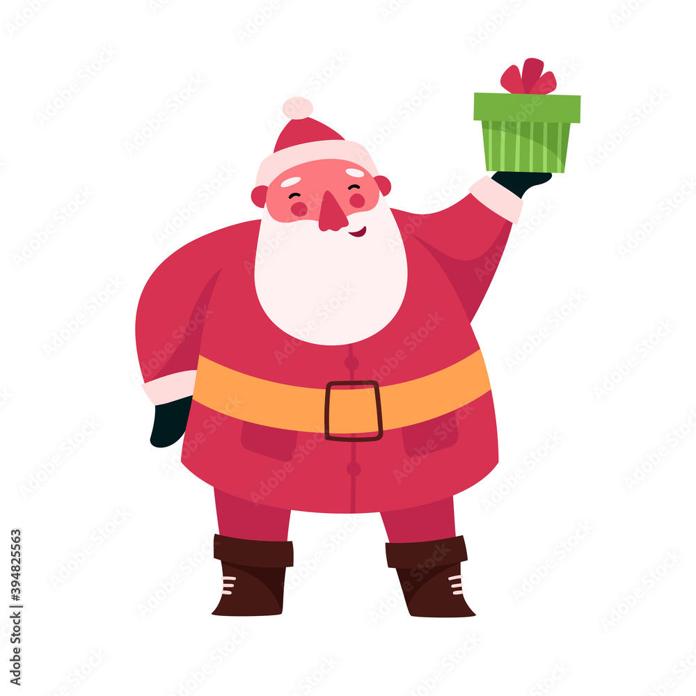 Christmas Funny happy Santa Claus character with gift present. New year flat cartoon vector illustrations isolated on white background. For Christmas cards, banners, posters. Christmas Funny happy Santa Claus character with gift present. New year flat cartoon vector illustrations isolated on white background. For Christmas cards, banners, posters.