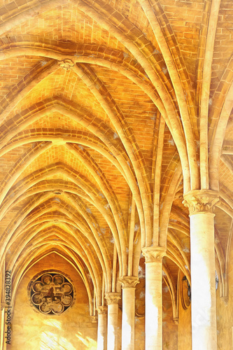 Gallery of Abbey of St. Jean des Vignes colorful painting looks like picture, Soissons, France. photo