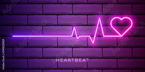 Neon heartbeat. Neon heart pulse graphic. Heartbeats cardiogram. EKG heart line. Vector illustration.