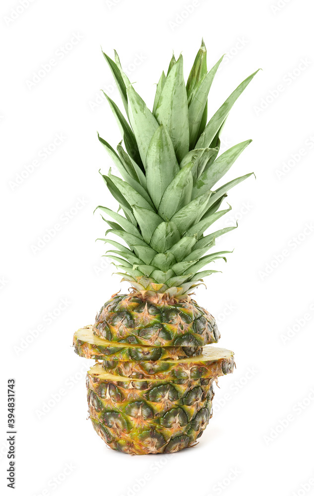 Cut fresh juicy pineapple on white background