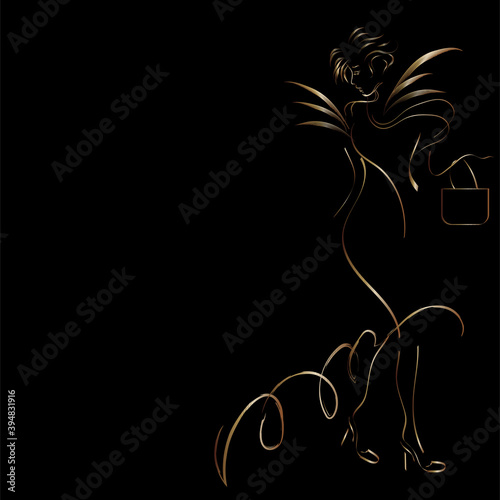 A girl in a beautiful extravagant dress. Elegant young woman in heels. Vector contour lineart illustration on a black background. Empty space for text. Picture for advertising beauty services.
