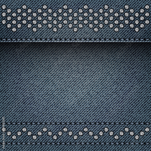Blue denim background with stitches and silver spangles