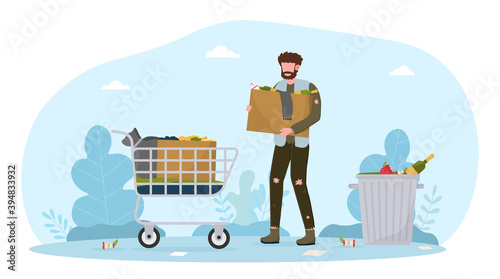 Dirty male bum character wearing ragged clothing. Homeless beggar picking up garbage on street and put it to shopping cart, begging for money and shelter. Flat cartoon vector illustration