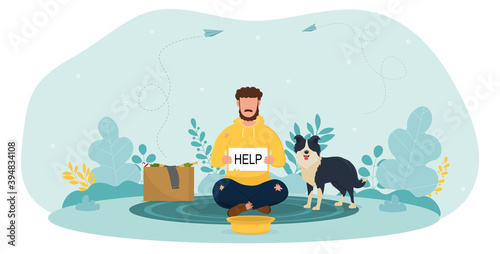Bum sitting on ground with dog on street begging money. Unemployed homeless male beggar holding cardboard banner help asking support in trouble situation. Flat cartoon vector illustration