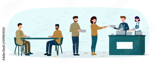Shelter for homeless people. Concept of charity, emergency housing, providing temporary residence for bums and beggars without home. Men women stand in queue to get warm food. Flat vector illustration