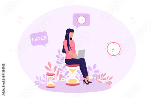 Process of procrastinating in business. Businesswoman sitting on hourglass with laptop on hips. Concept of hardly working due to lazyness or concentration issues. Flat Illustration