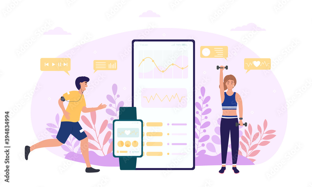 Mobile application for sporty people. Male and female characters exercising with fitness bracelet. Measuring heart rate on tracker screen. Fitness app on smarphone. Flat vector illustration