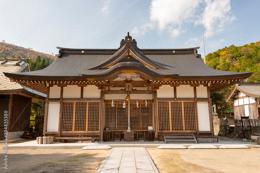 Worship hall Takamefu shrine in Sanda city, Hyogo, Japan. Notes: Chinese characters on the plate mean the shrine name. Worship hall Takamefu shrine in Sanda city, Hyogo, Japan. Notes: Chinese characters on the plate mean the shrine name.