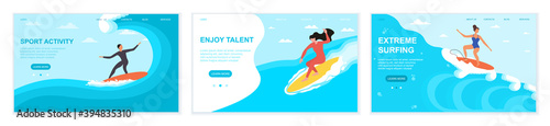 Web set of man and woman surfing. Minimalism design silhouettes with waves. Landing page, website, web page template. Flat cartoon vector illustration