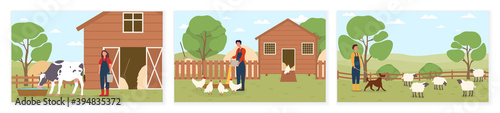 Set of various scenes with farmers taking care domestic animals. Male and female characters farmhand working at countryside. Concept of rural lifestyle. Flat cartoon vector illustration