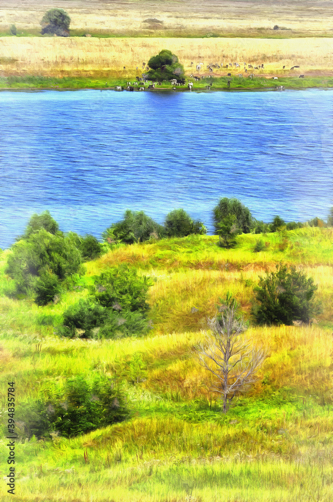 Beautiful landscape with Oka river colorful painting looks like picture, Konstantinovo, Russia. Beautiful landscape with Oka river colorful painting looks like picture, Konstantinovo, Russia.