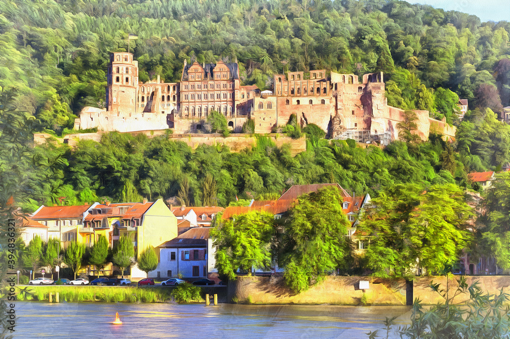 Heidelberg Castle colorful painting looks like picture, Heidelberg, Baden-Wurttemberg, Germany.